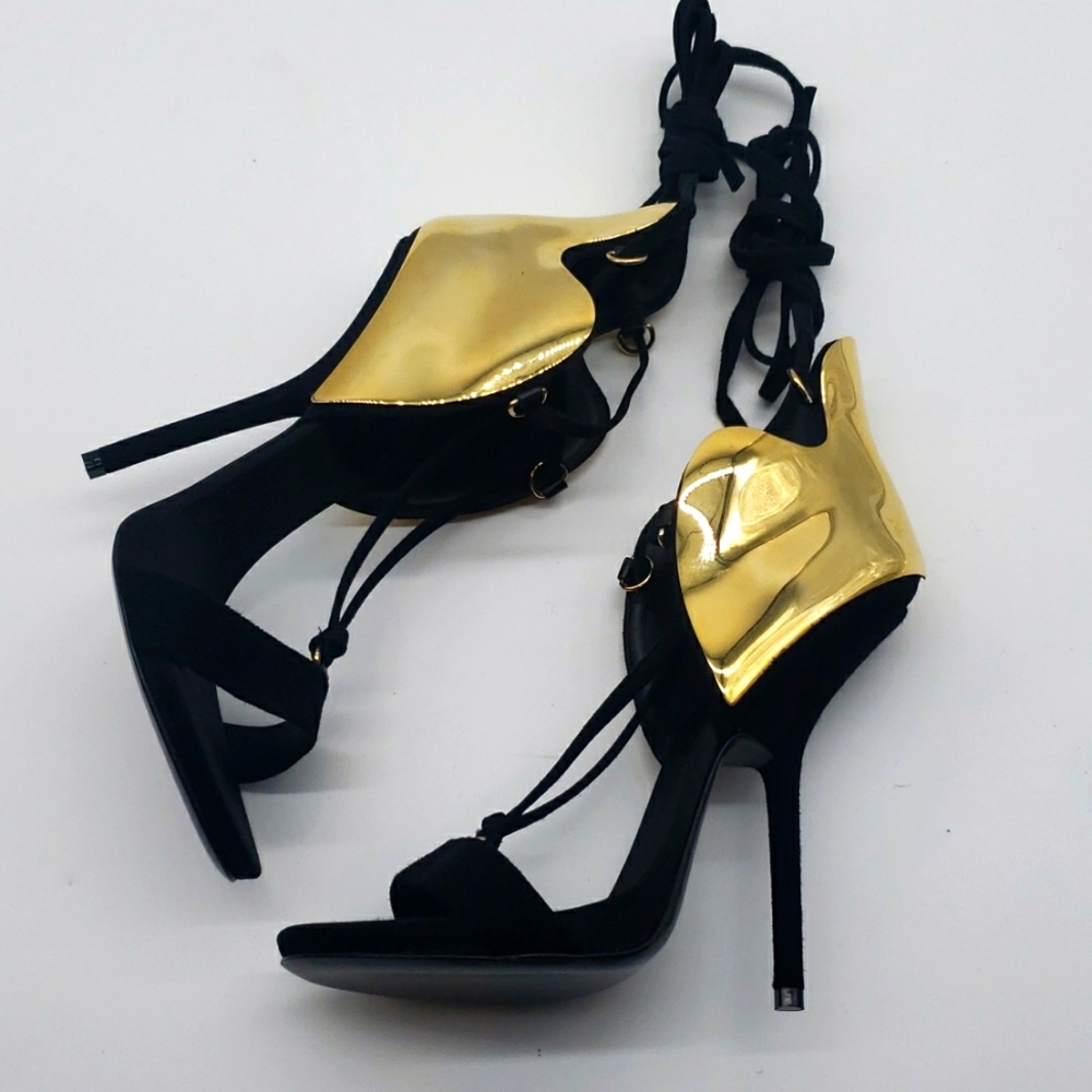 Giuseppe Zanotti size 38 1/2 color black suede and gold hardware strap up heels